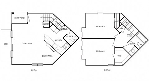 2-D floor plan of a 2-bedroom, 1.5-bathroom, 2-story townhome apartment with finished basement